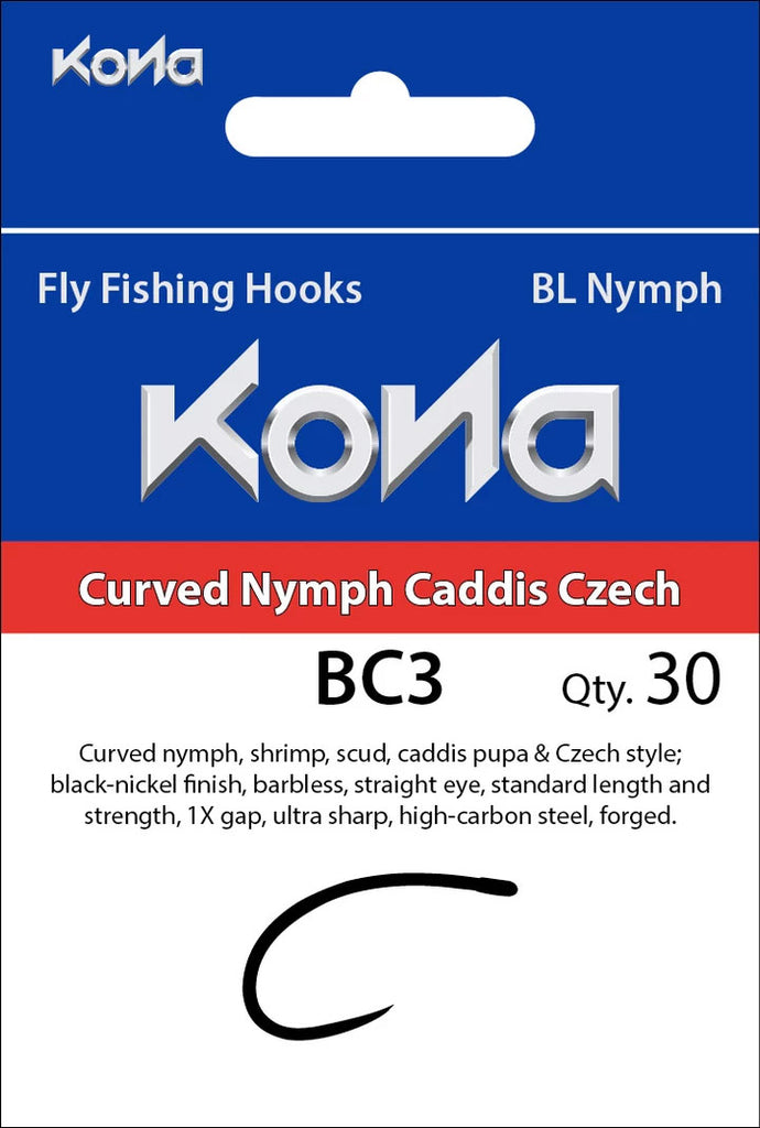 Kona BC3 Curved Nymph Caddis Czech Barbless Hook Fly Artist